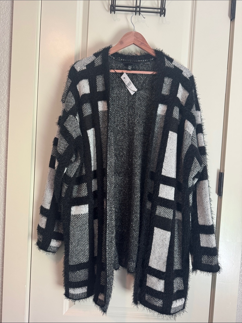 Lane Bryant Black and White Plaid Open-Front Cardigan